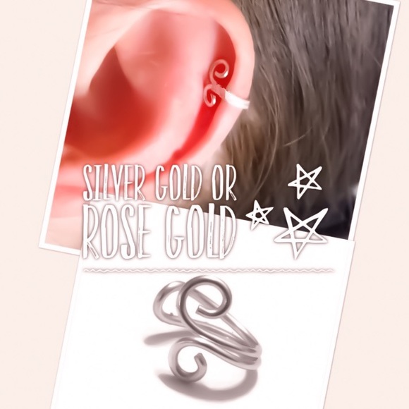 Double loop fake cartilage earring clip on earcuff 925 sterling silver gold rose - Picture 3 of 7